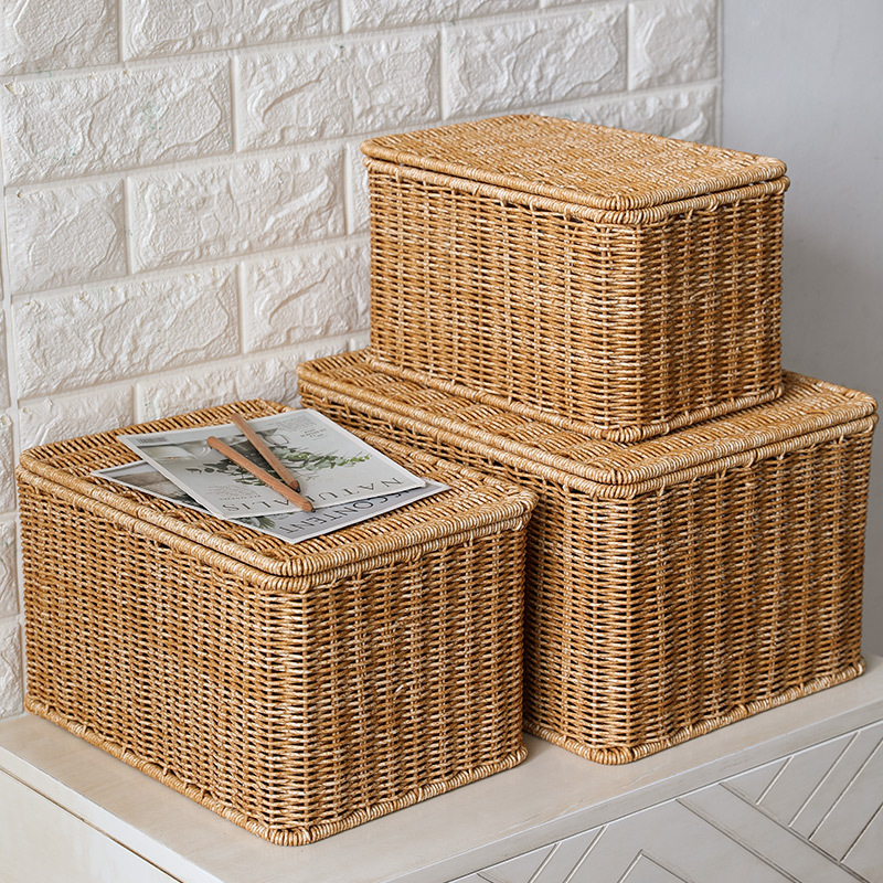 European-style Storage Box Bedroom Clothes Organizer with Lid Rattan Woven Storage Basket Wardrobe Storage Basket with Lid