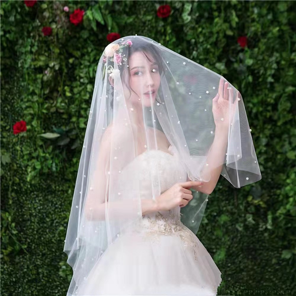 New Pearl Veil Super Fairy White Headwear Bride Wedding Travel Photo Accessories Trailing Photo Studio Photo Props