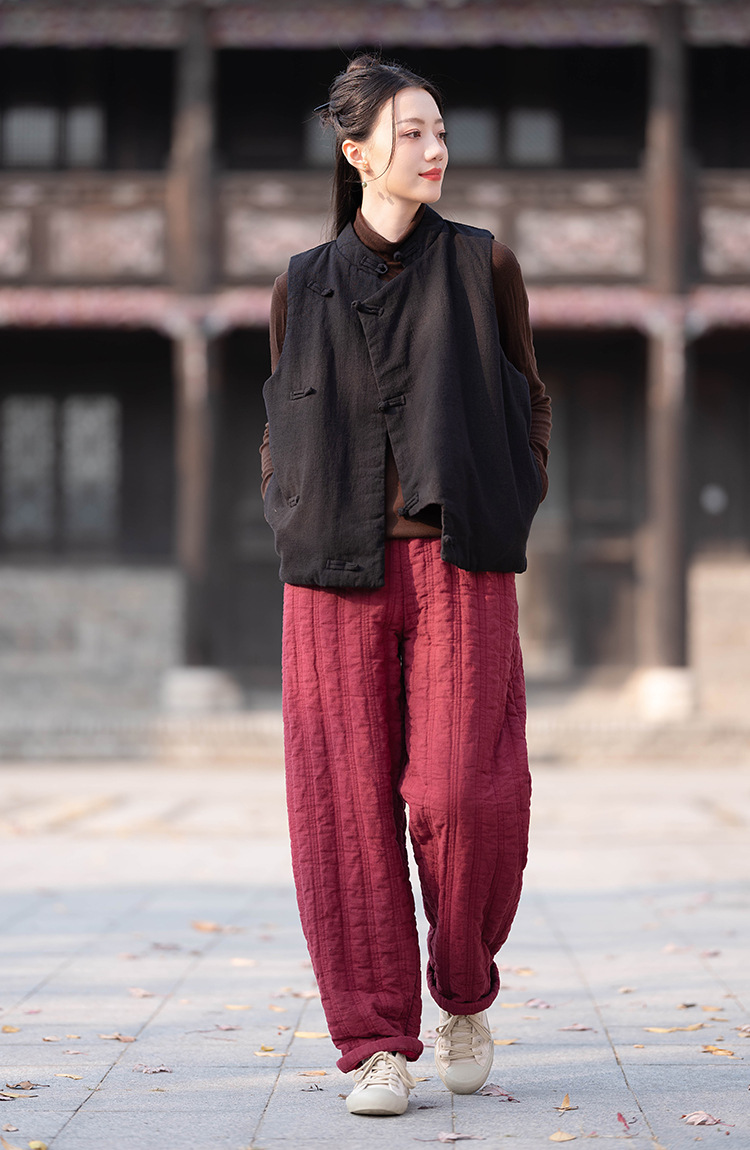 23 cotton and linen women's clothing New National style vintage buckle cotton vest top women's sand wash linen quilted warm vest_voghion.com