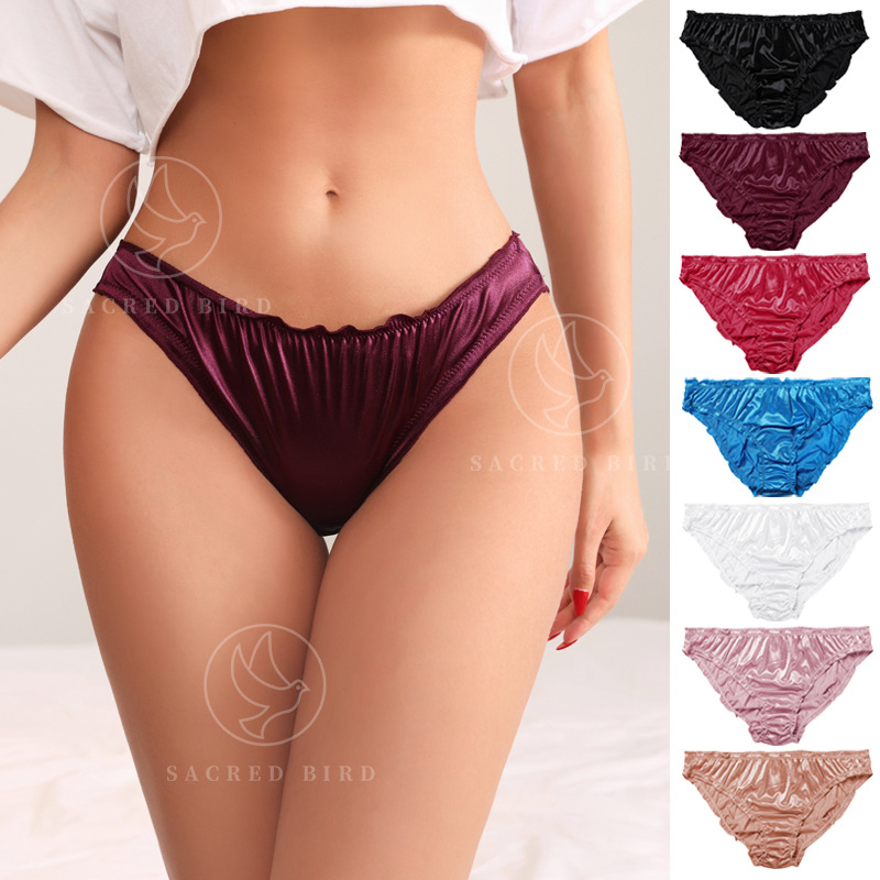 Cross-border plus size super elastic girl sexy satin underwear mid-waist wave cotton crotch women's triangle underwear wholesale