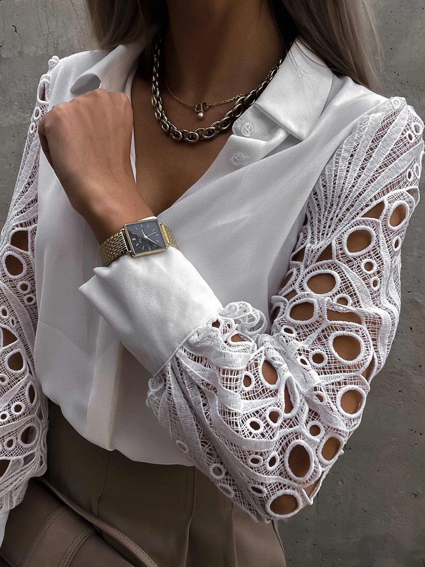 2024 Amazon Europe and the United States foreign trade cross-border spring and summer new best selling ladies solid color lace stitching shirt shirt women