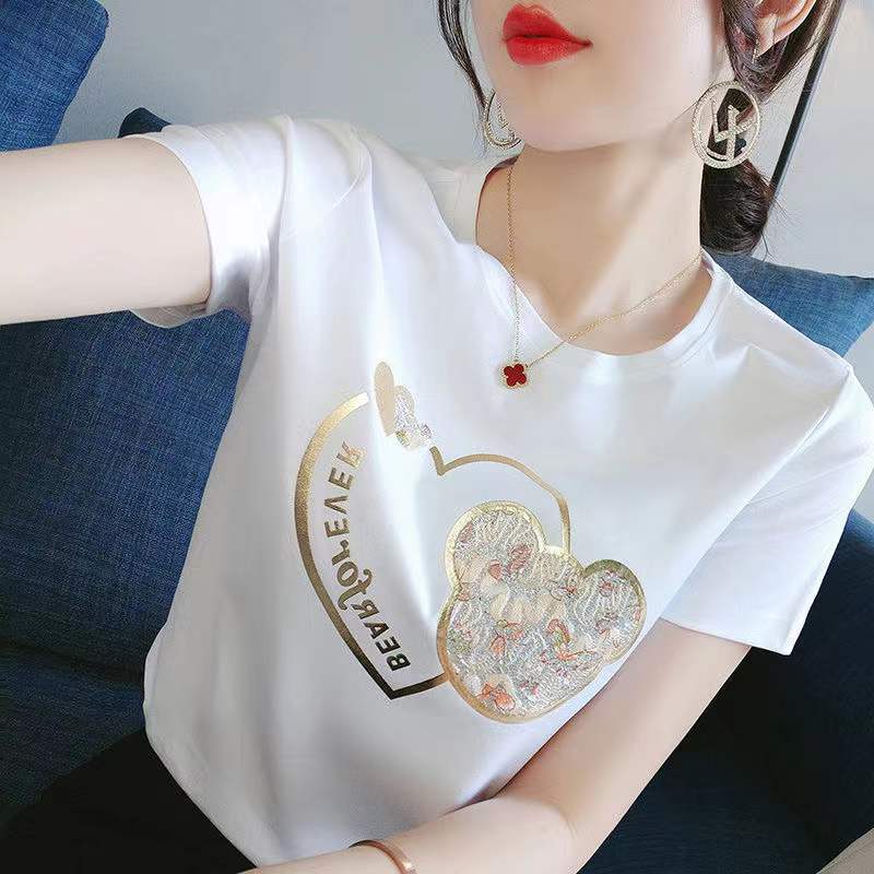 Heavy industry bronzing bear short-sleeved T-shirt for women  spring and summer Korean style personalized design loose new inner top