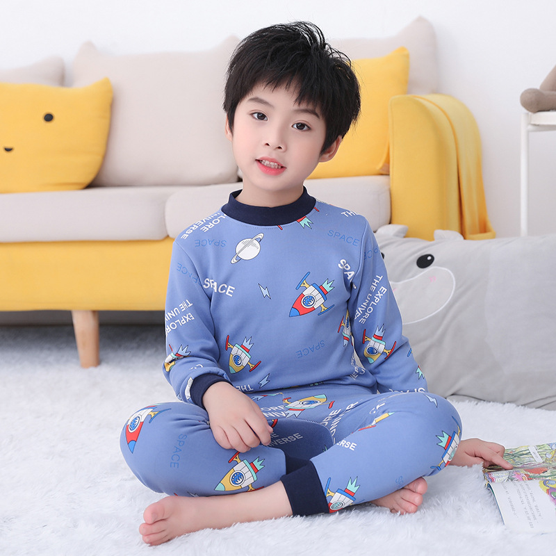 Children's thermal underwear suit baby fleece-lined thickened mid-collar boys and girls autumn clothes long pants middle and big children pajamas autumn and winter