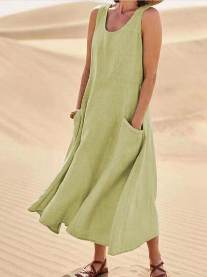 Amazon independent station wish2023 summer European and American foreign trade pocket sleeveless round neck Women's cotton and linen dress