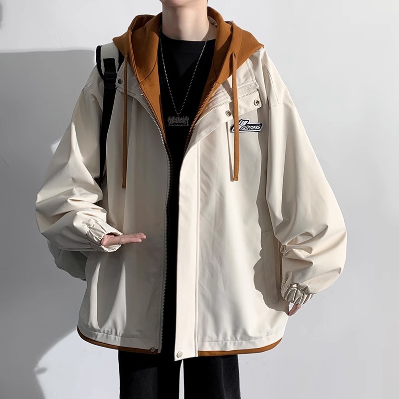 Spring and Autumn Jacket Coat Men's and Women's Trendy Brand Casual Loose Hooded Top American Style Retro Fake Two-piece All-match Charge Clothes