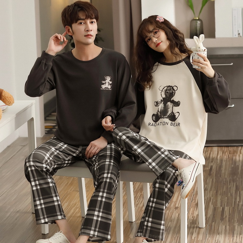 2023 Spring and Autumn Couple Pajamas Women's Pure Cotton Tight Sirospun Cartoon Bear Men's Home Clothes Factory Outlet