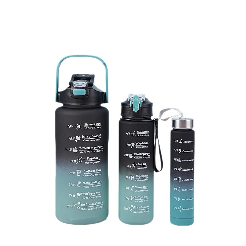 Strict selection of large capacity gradient color plastic cup three piece set portable sports kettle handle outdoor straw cup suit