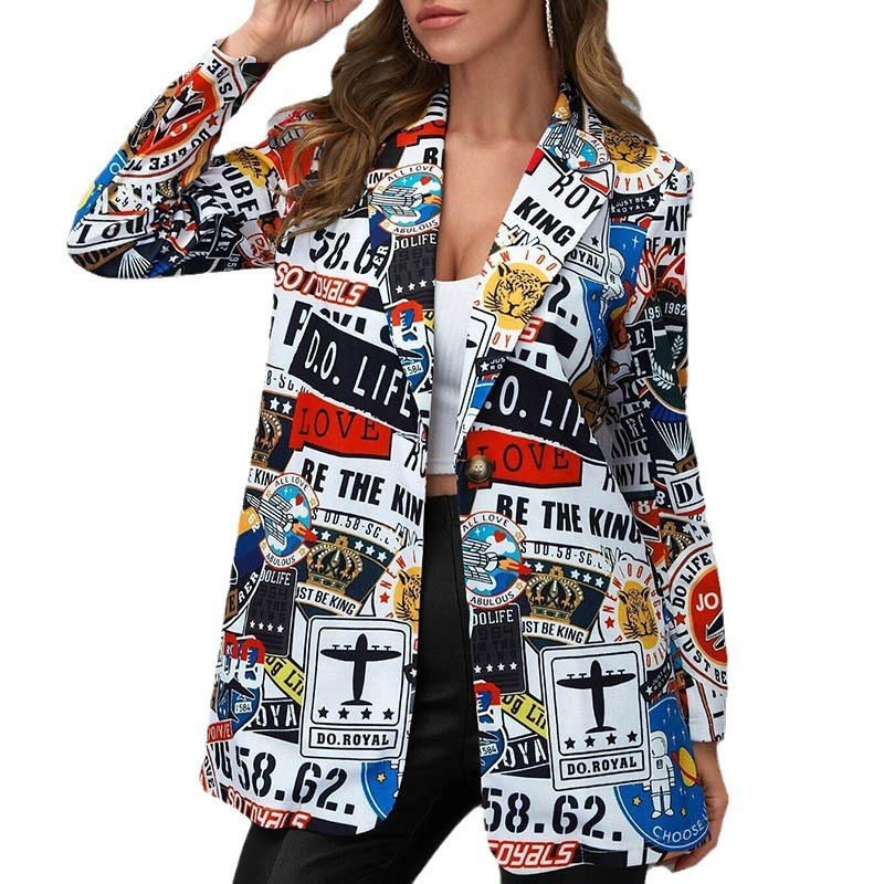 Cross-border foreign trade Europe and America Amazon 2024 spring fashion printed slim mid-length jacket casual small suit for women