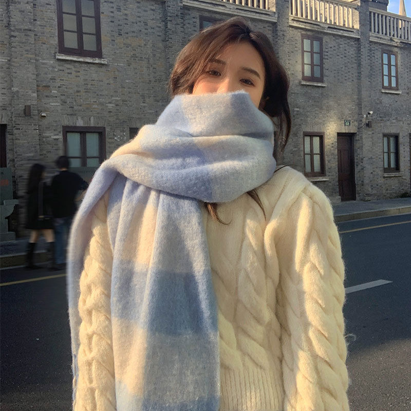 Star's same cream blue plaid mohair scarf for women Christmas gift versatile plaid scarf for men and women