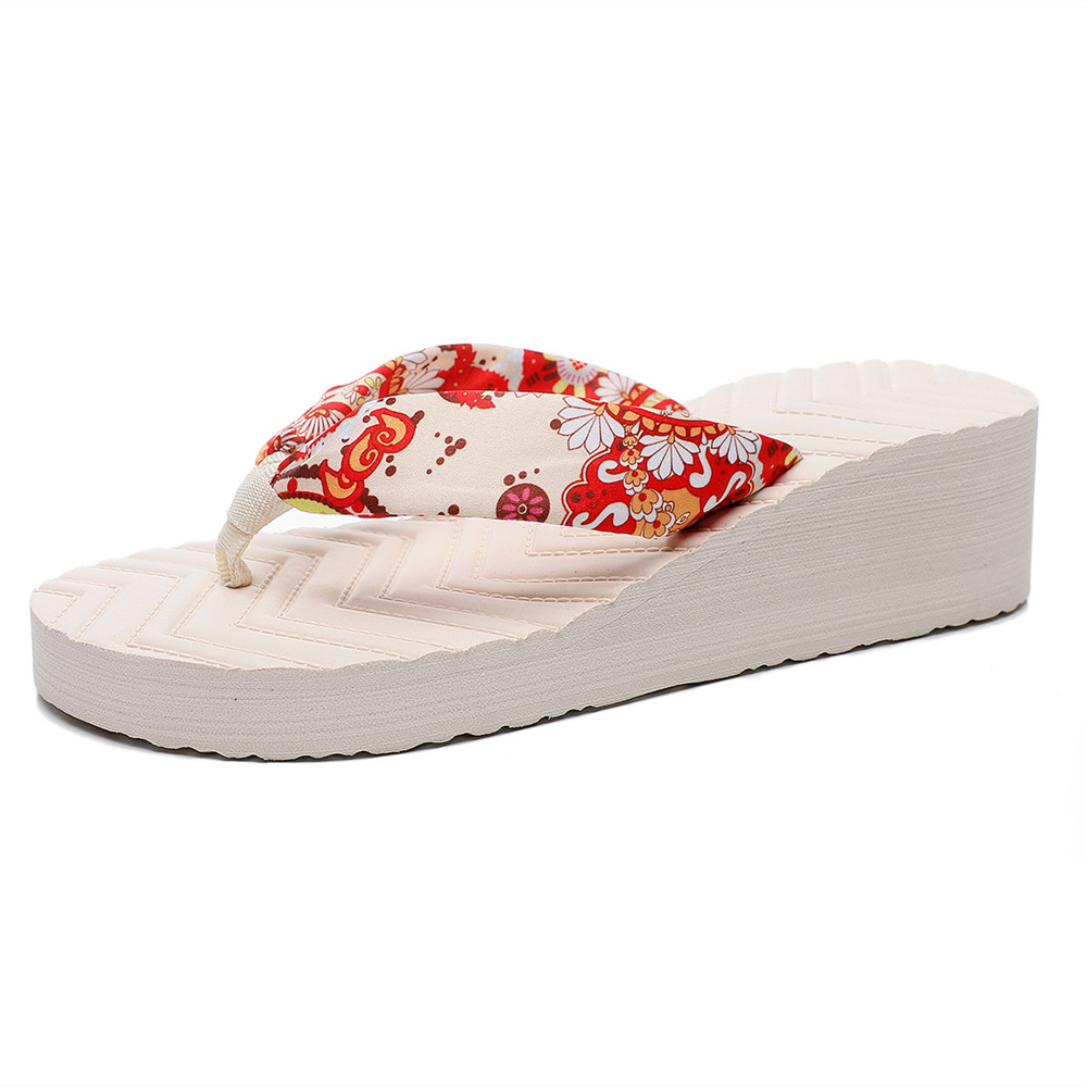 Summer new women's thick-soled flip-flops bohemian satin cloth with ethnic fashion outerwear cross-border beach sandals