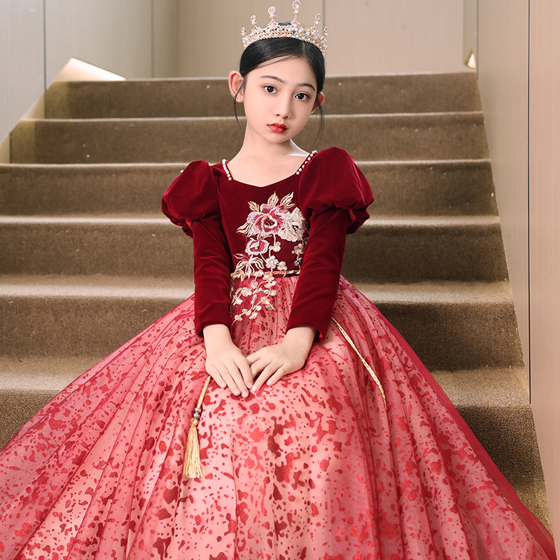Girls' velvet evening dress host dress Princess dress autumn violin performance dress piano performance dress
