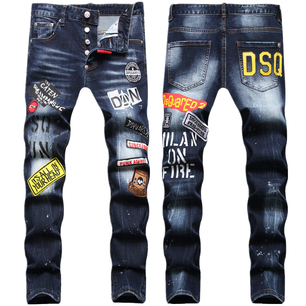 2021 Autumn New Trendy Brand Printed Fashionable Men's Jeans Trendy Slim-fit Small Foot Mid-waist Pants for Men