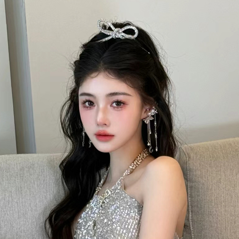 Korean Bride Full Rhinestone Bow Hairpin Luxury Fashion Simple Marubeni Head All-match Photo Wedding Hair Accessories