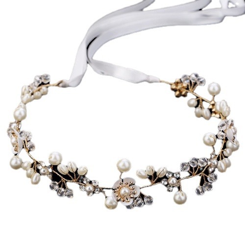 European and American Bride Jewelry Beautiful Flower Handmade Beaded Headband Crystal Pearl Hair Band Wedding Girl's Headwear Hair Accessories