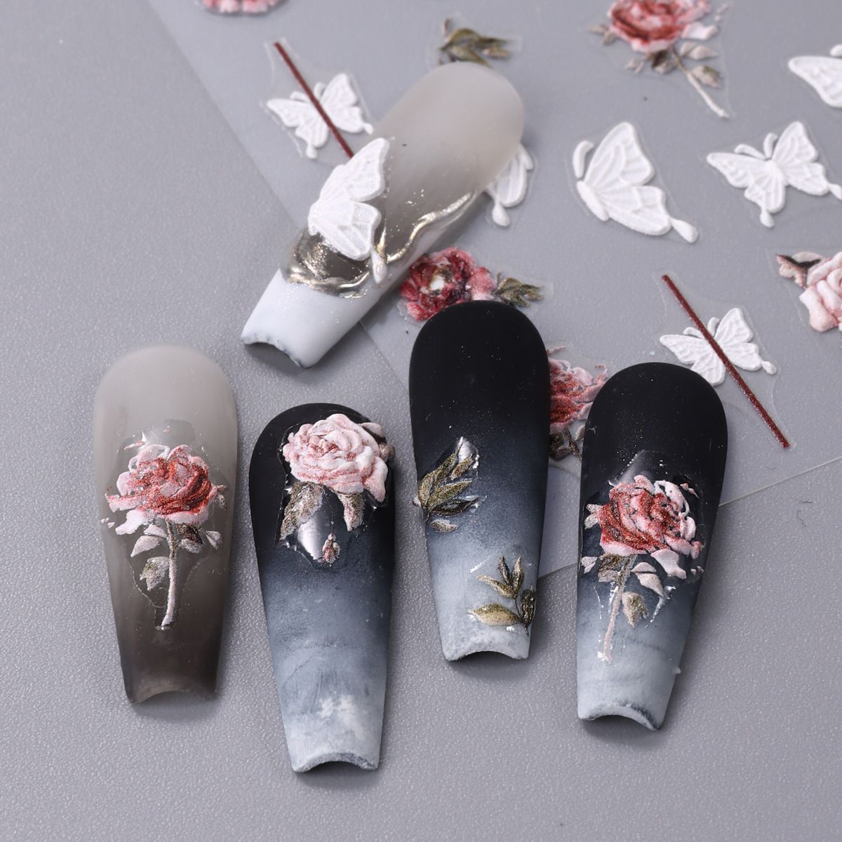 Online Red Butterfly nail stickers wholesale little red book laser colorful butterfly flower 5D relief three-dimensional adhesive stickers