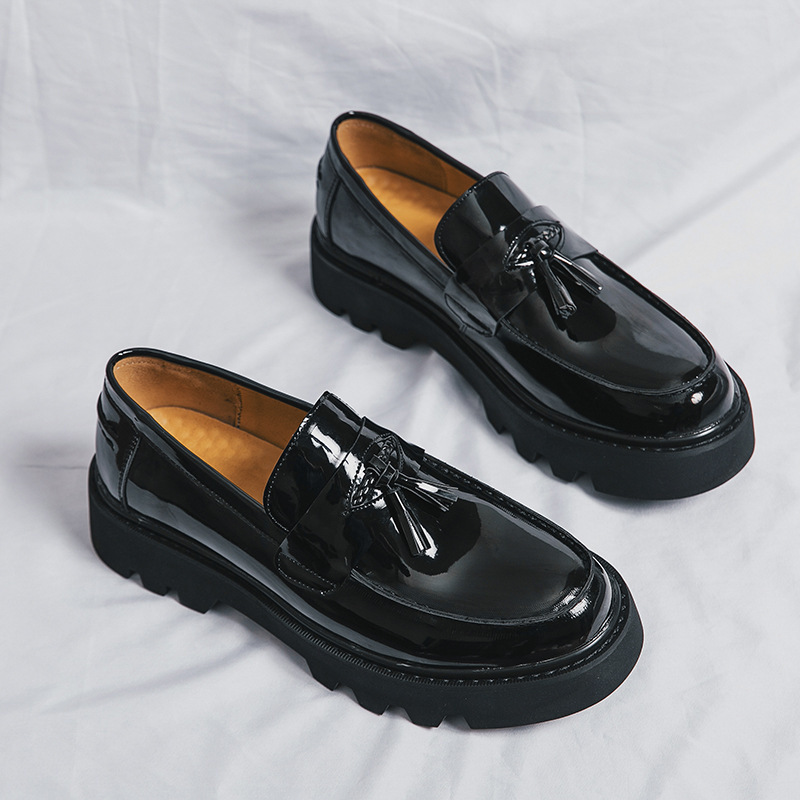 38-45 Moda Büyük Beden Parlak Beyefendi Nefes Alabilen Deri Ayakkabılar Resmi İş Deri Ayakkabıları Yuvarlak Burun Püsküllü Platform Loafer'lar_voghion.com