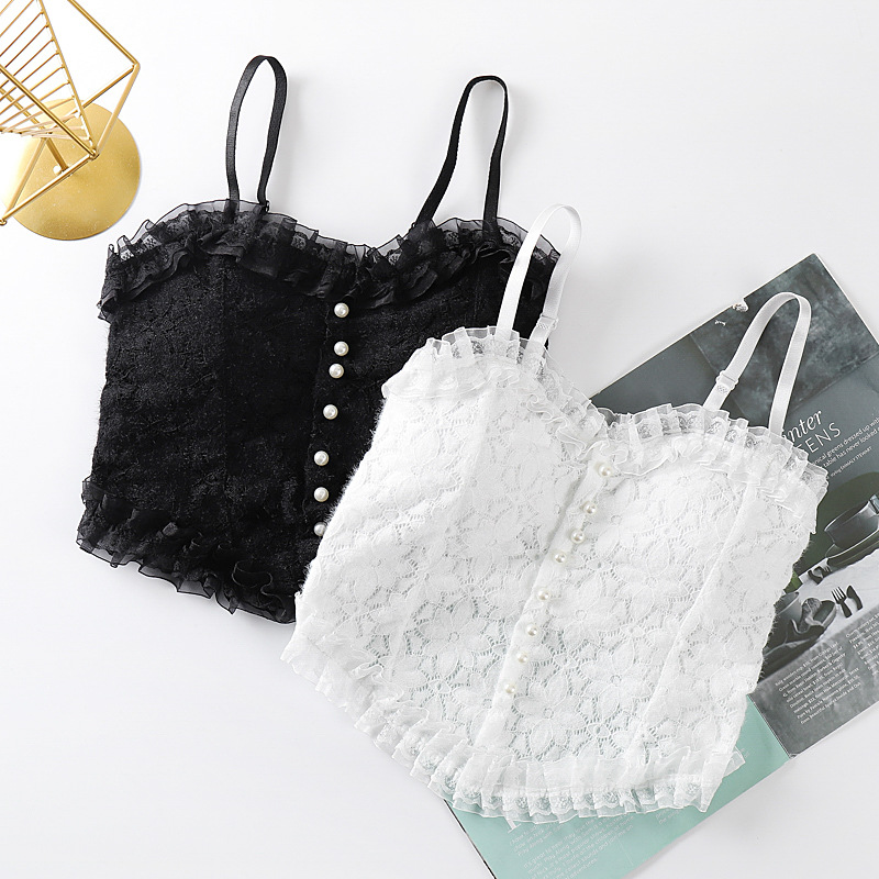 Pearl Buckle Ruffled Lace Beautiful Back Wrap Breast Tube Top Fixed Cup No Steel Ring Inner Wearing Outer Wearing All-match Camisole for Women