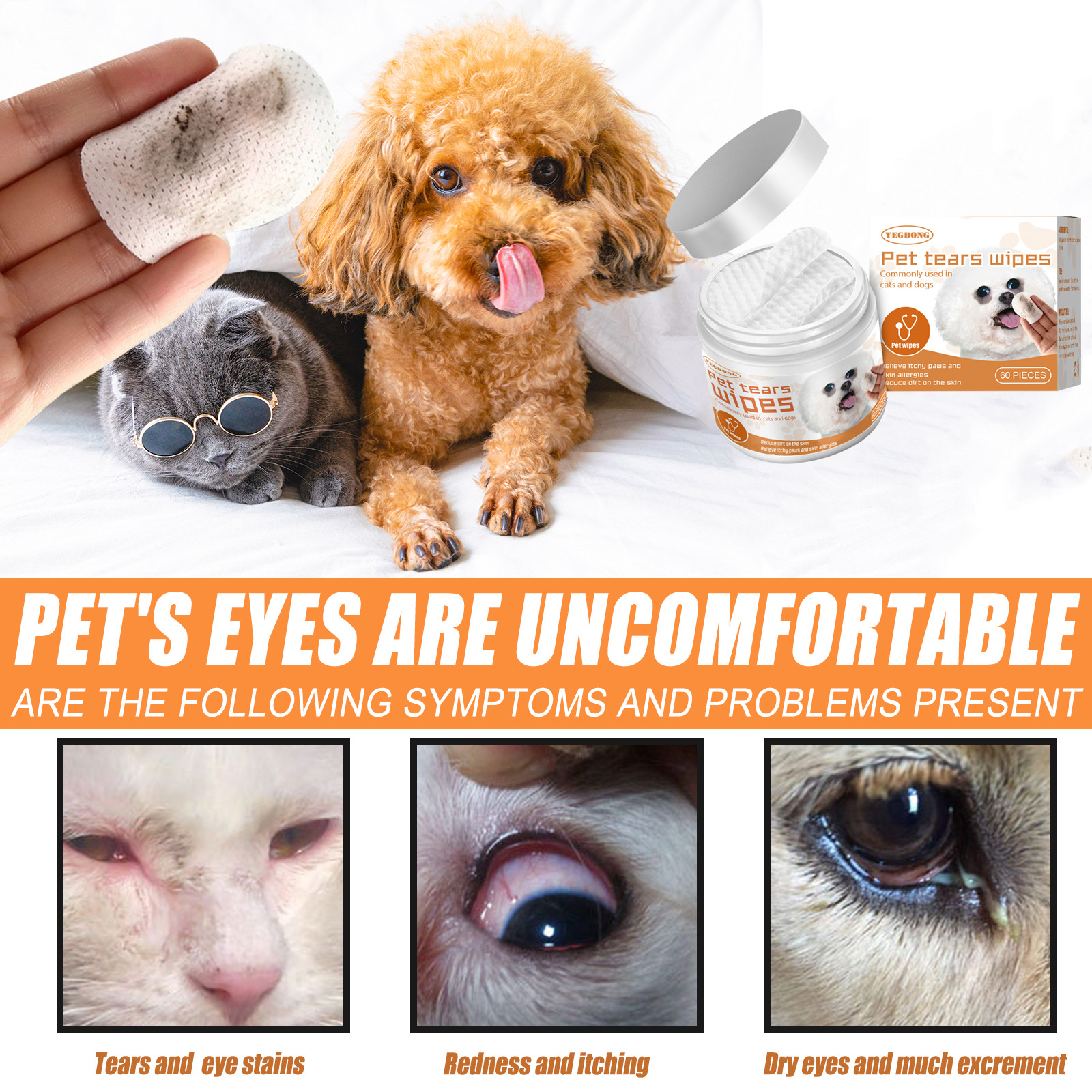 Yegbong pet wipes cleaning dog cat tear removal eye cleaning wipe eye droppings remove eye dirt cotton pad