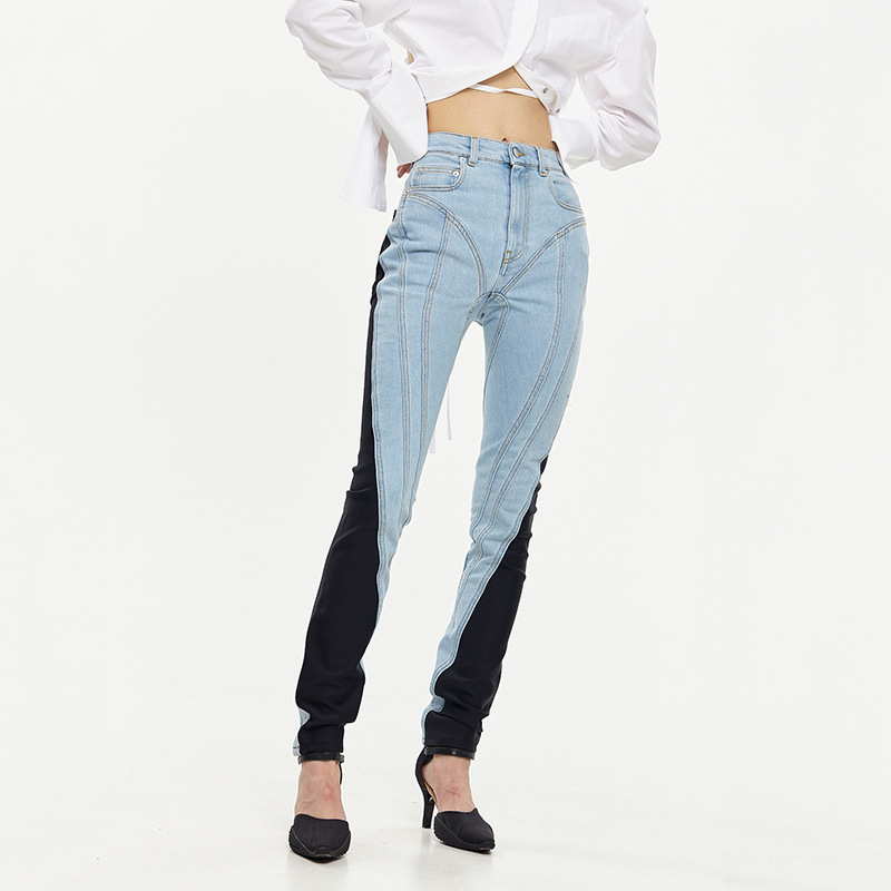 European and American Design Sense Leggings Personalized Stitching Jeans Autumn New High Waist Heavy Industry Slimming Washed Trousers for Women