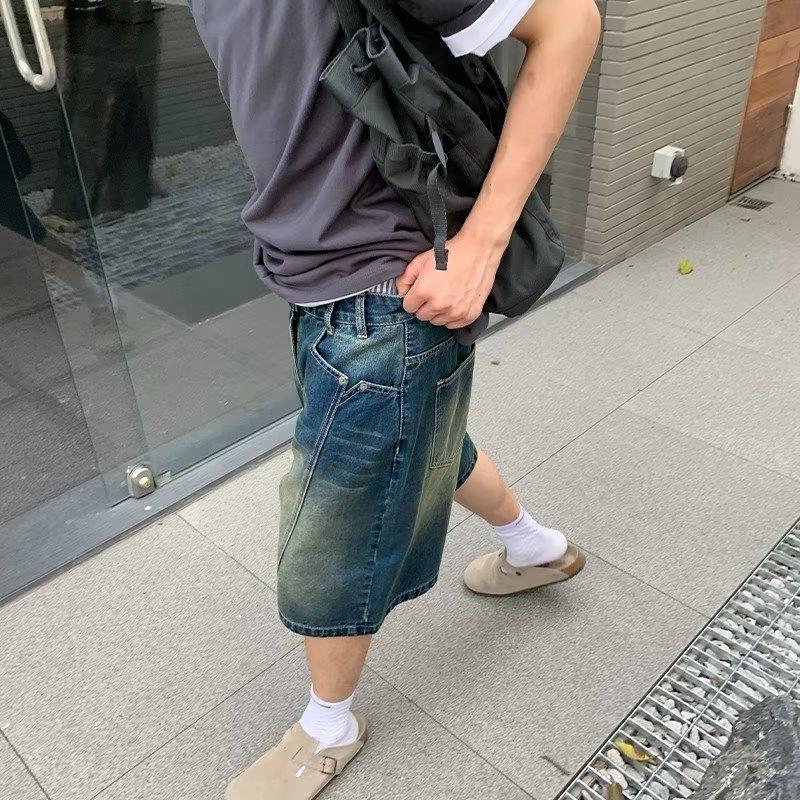 Trendy Brand American vibe Vintage Washed Distressed Denim Shorts Men's High Street Design Sense Loose Straight Half Pants