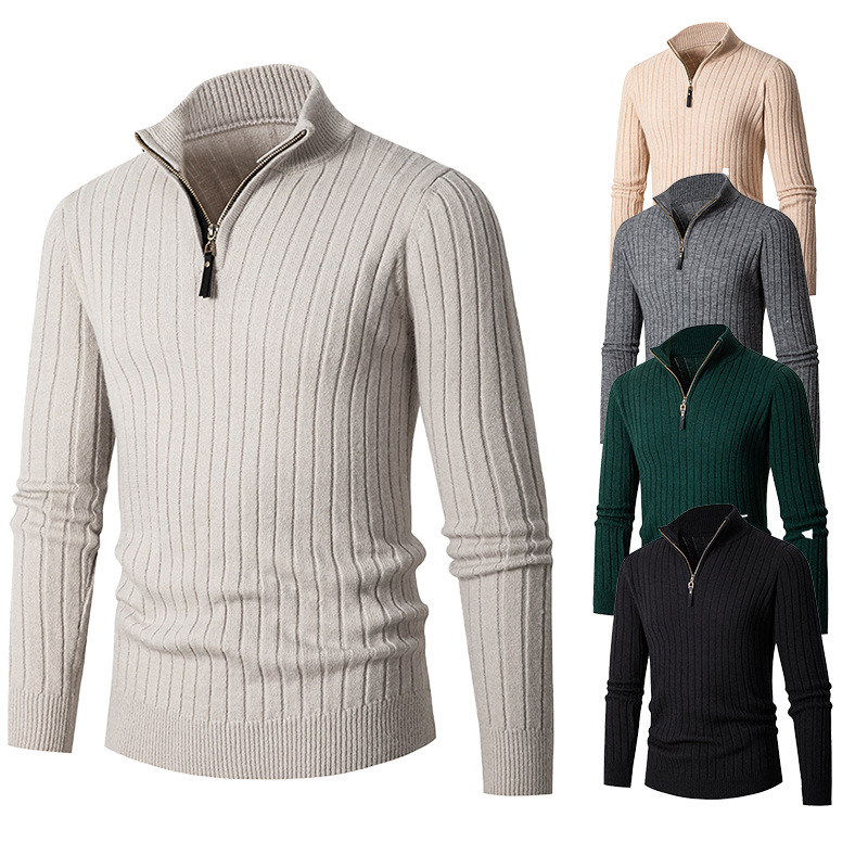 2024 foreign trade autumn and winter New European and American men's long sleeve vertical bar half turtleneck zipper bottoming sweater men's sweater