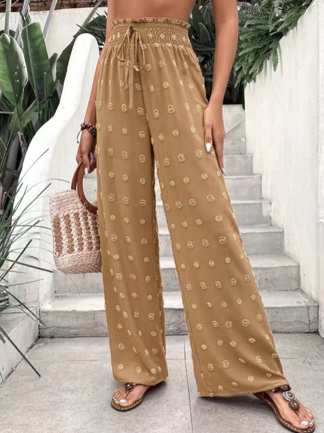 2023 European and American Foreign trade new casual micro elastic loose high waist jacquard casual pants wide leg pants trousers for women