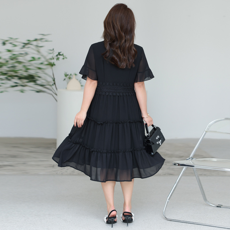 Chiffon Dress Women's Summer 2023 New Large Size Slim-fit Tight Waist Slimming Elegant Black Summer Skirt 8530