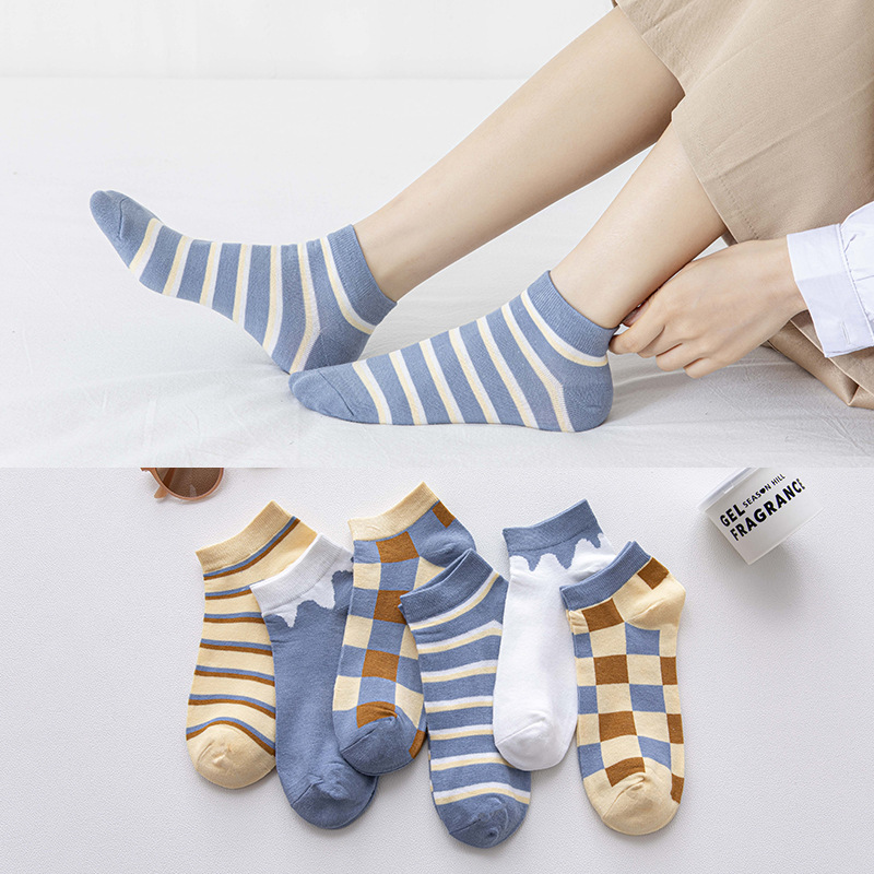Socks Women's Short Socks Spring New Japanese Plaid Boat Socks Contrast Color Women's Socks Cotton Socks Cream Flowing Street ins Tide