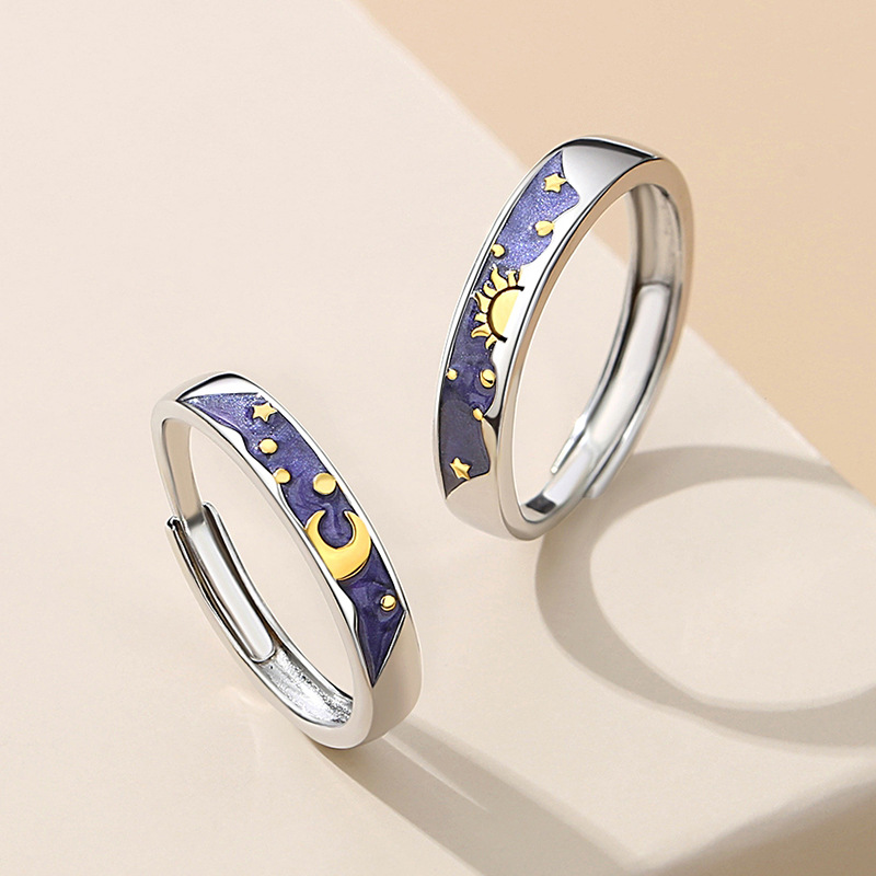 Day and Night Thinking Couple Ring Sterling Silver Pair for Men and Women Sun and Moon Ring Niche Birthday Gift for Girlfriend