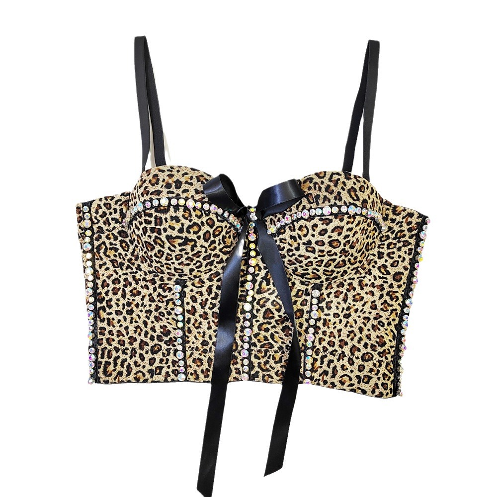 French leopard print tube top outer wear breathable mesh slim Fishbone camisole women's inner thin bow bra
