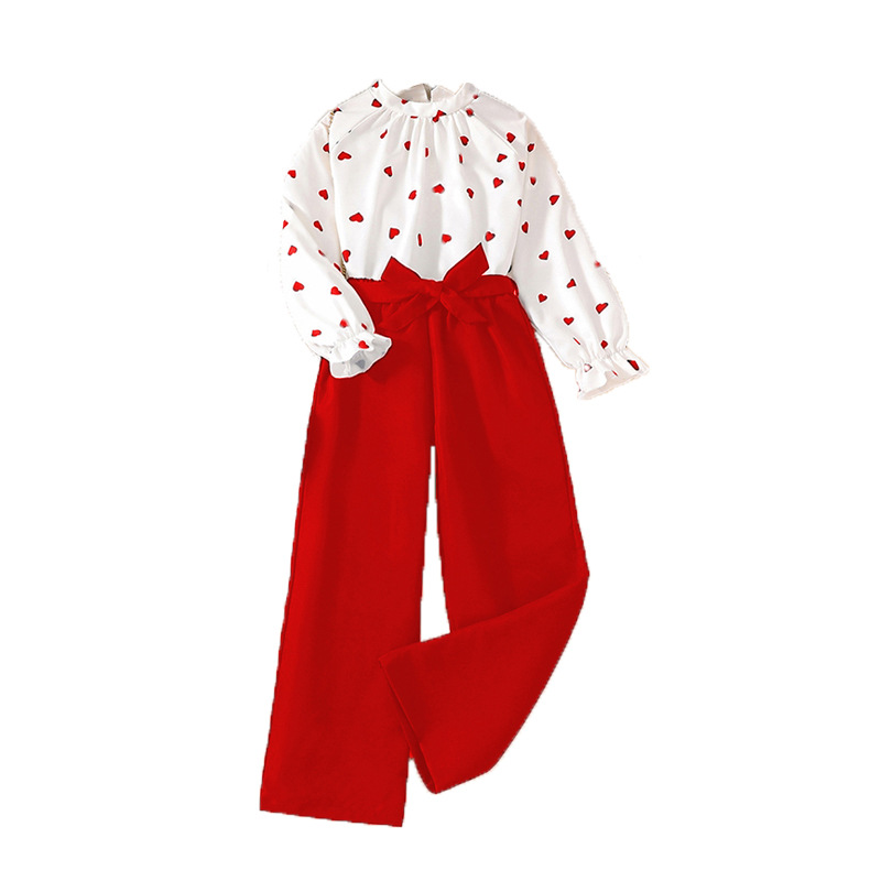 Autumn Women's Children's Wear Big Children's suit 2024 Cross-border New European and American Children's Printed Long-sleeved Wide-leg Pants Two-piece Set