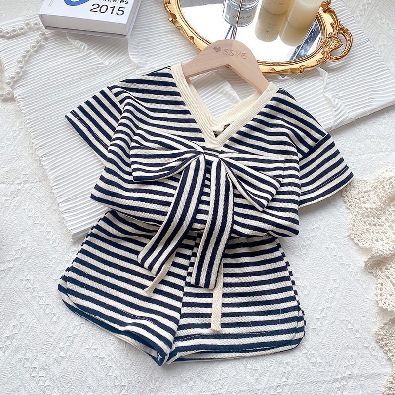 Women's Children's Wear 2025 Summer New Baby Girl Fashionable Striped suit Children's Bow Short-sleeved T-shirt Shorts