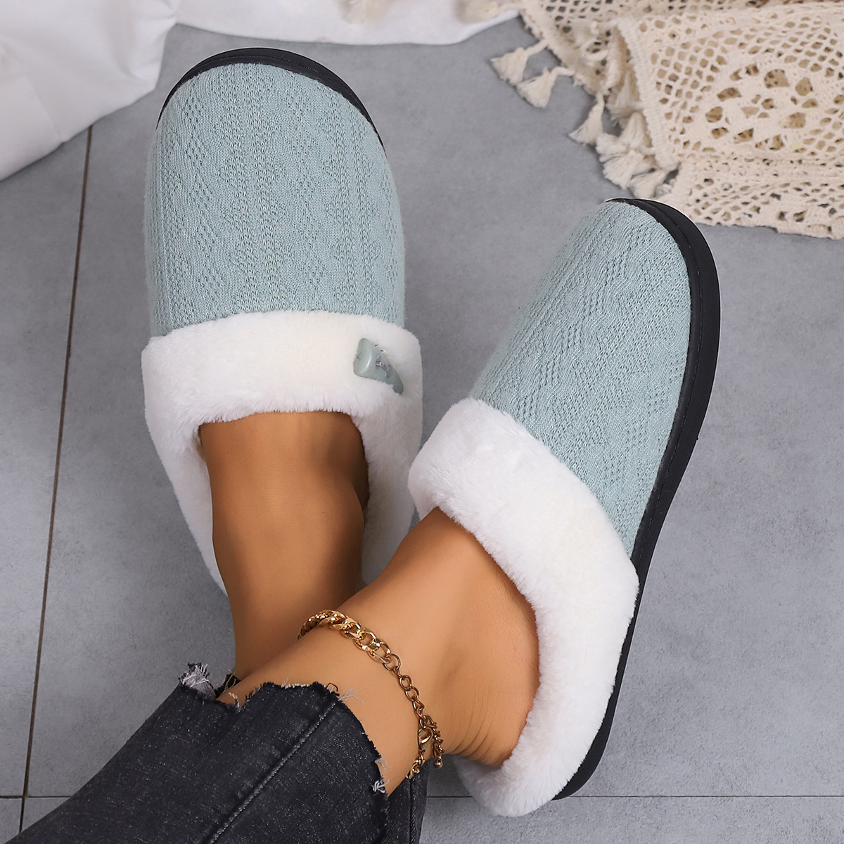 Cross-border wholesale knitted wool wool slippers autumn and winter indoor home cotton slippers thick bottom warm plush slippers