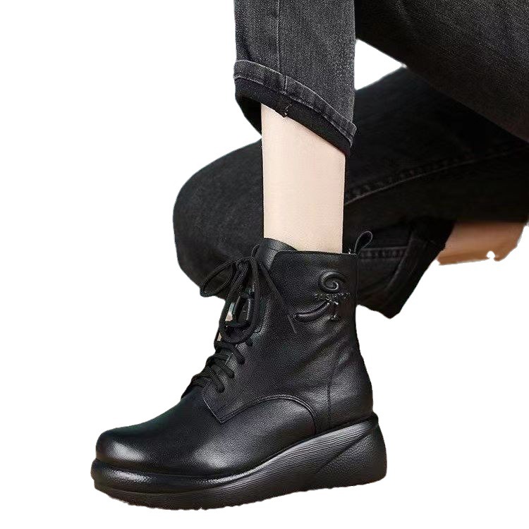 Soft leather Martin boots for women 2023 autumn and winter mom New Korean style fleece-lined snow boots slip-resistant thick bottom ankle boots for women