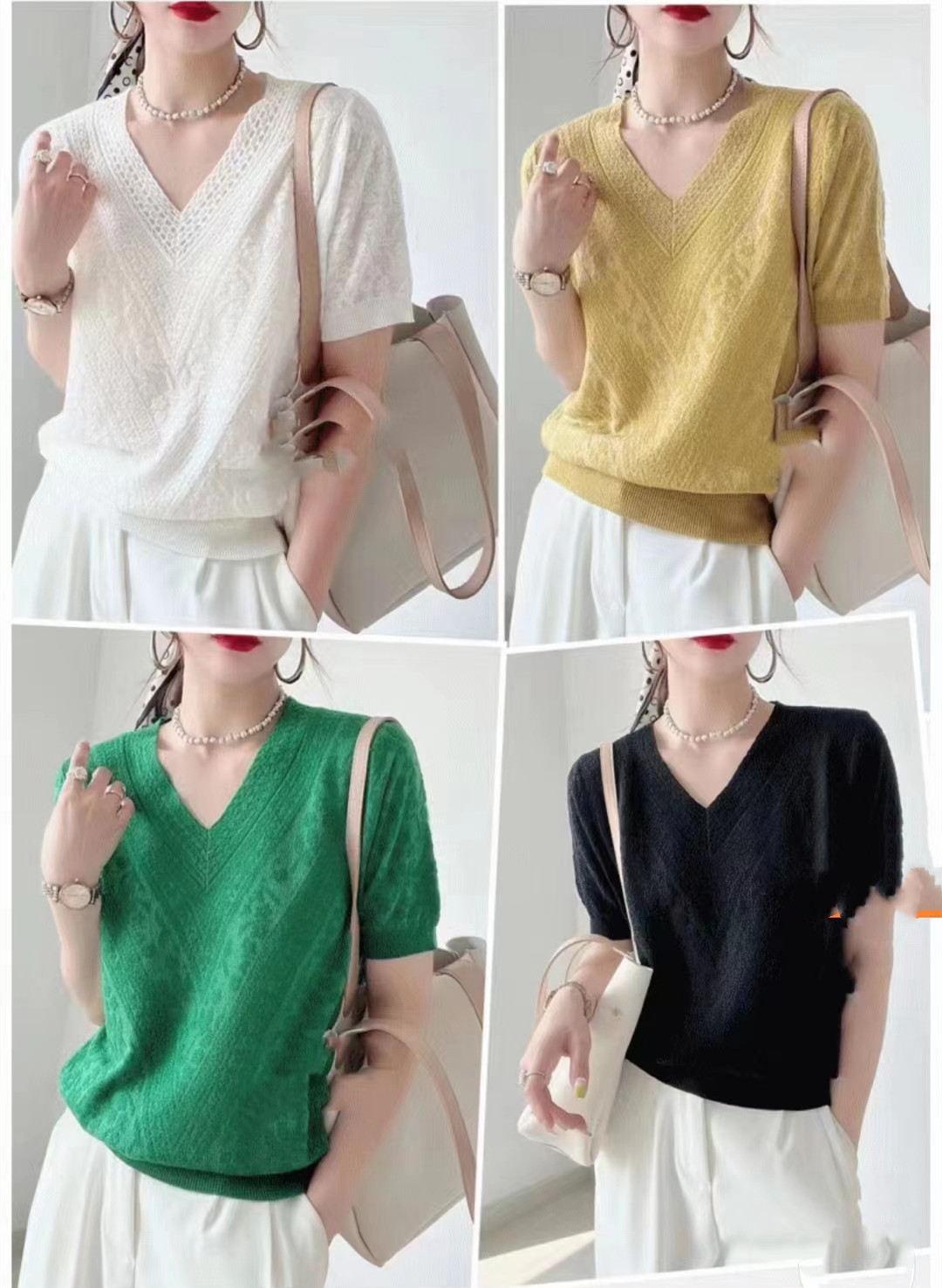 European Design Sense V-neck Knitted T-shirt Women's 2023 Spring and Summer New All-match Loose Fashion Slimming Short-sleeved Sweater