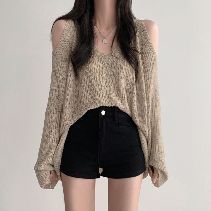 South Korea chic elegant V-neck off-shoulder loose lazy versatile casual sun protection solid color long sleeve sweater women's top_voghion.com