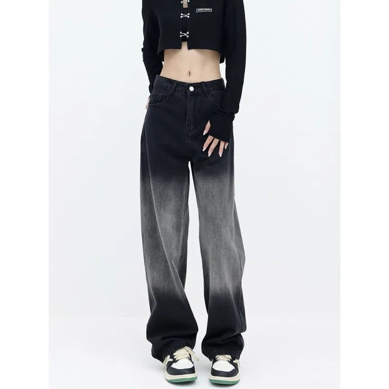 Women's Large Size Black Wash Water Gradient Straight Jeans Women's Autumn Trendy ins High Waist Slimming Wide Leg Pants