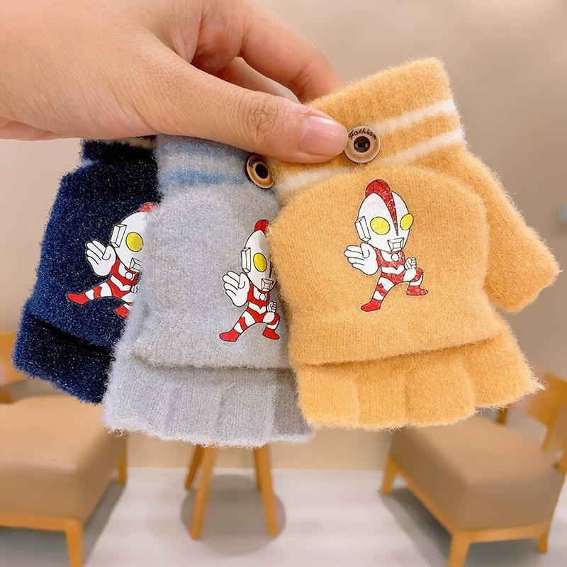 Children's gloves winter boys and girls warm Ultraman half finger flip finger cover baby fleece-lined thickened primary school students