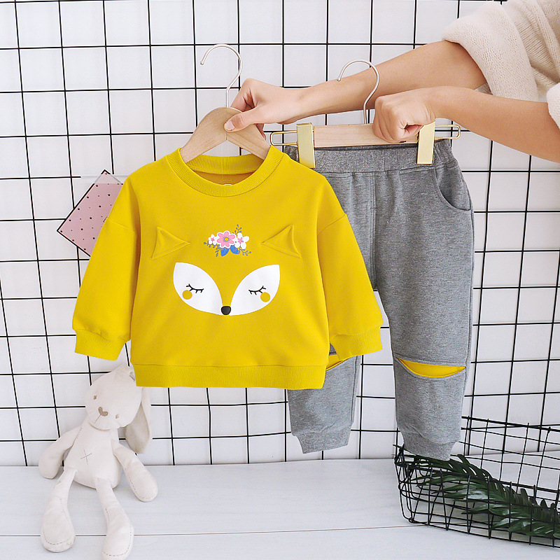 Girls Spring and Autumn Suit Spot Women's Baby Cotton Pullover Pants Suit Cartoon Children's Clothing Children's Western Style Suit