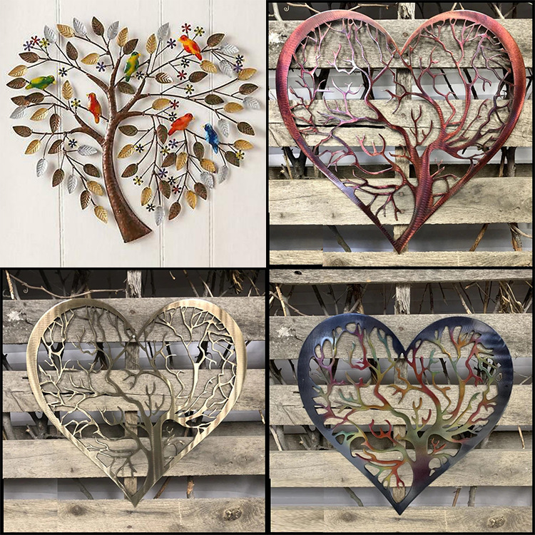 Cross-Border heart-shaped tree of life metal wall art bird decoration heart tree iron wall hanging decorations