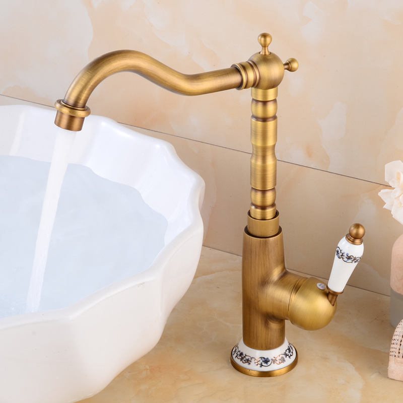 Antique faucet copper hot and cold basin blue and white porcelain European-style retro single hole kitchen rotatable faucet