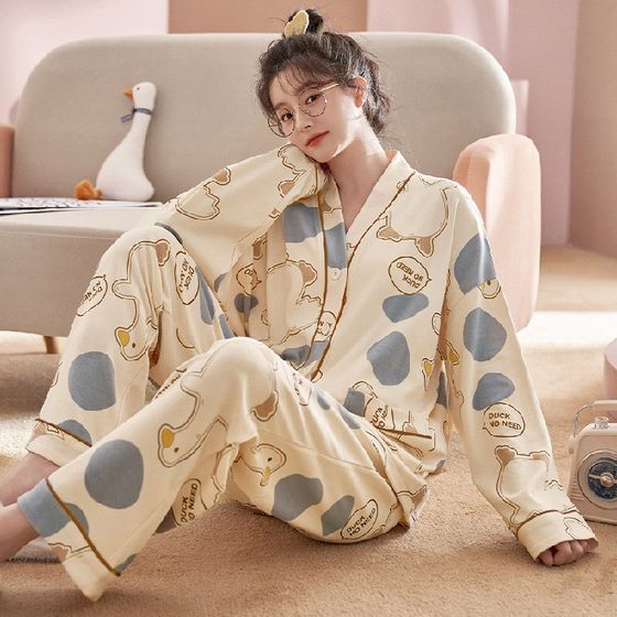 [Long Sleeve Pants] Foreign Trade ins Cross-border Korean Pajamas Women's Cardigan Sweet Simple Japanese Spring and Autumn