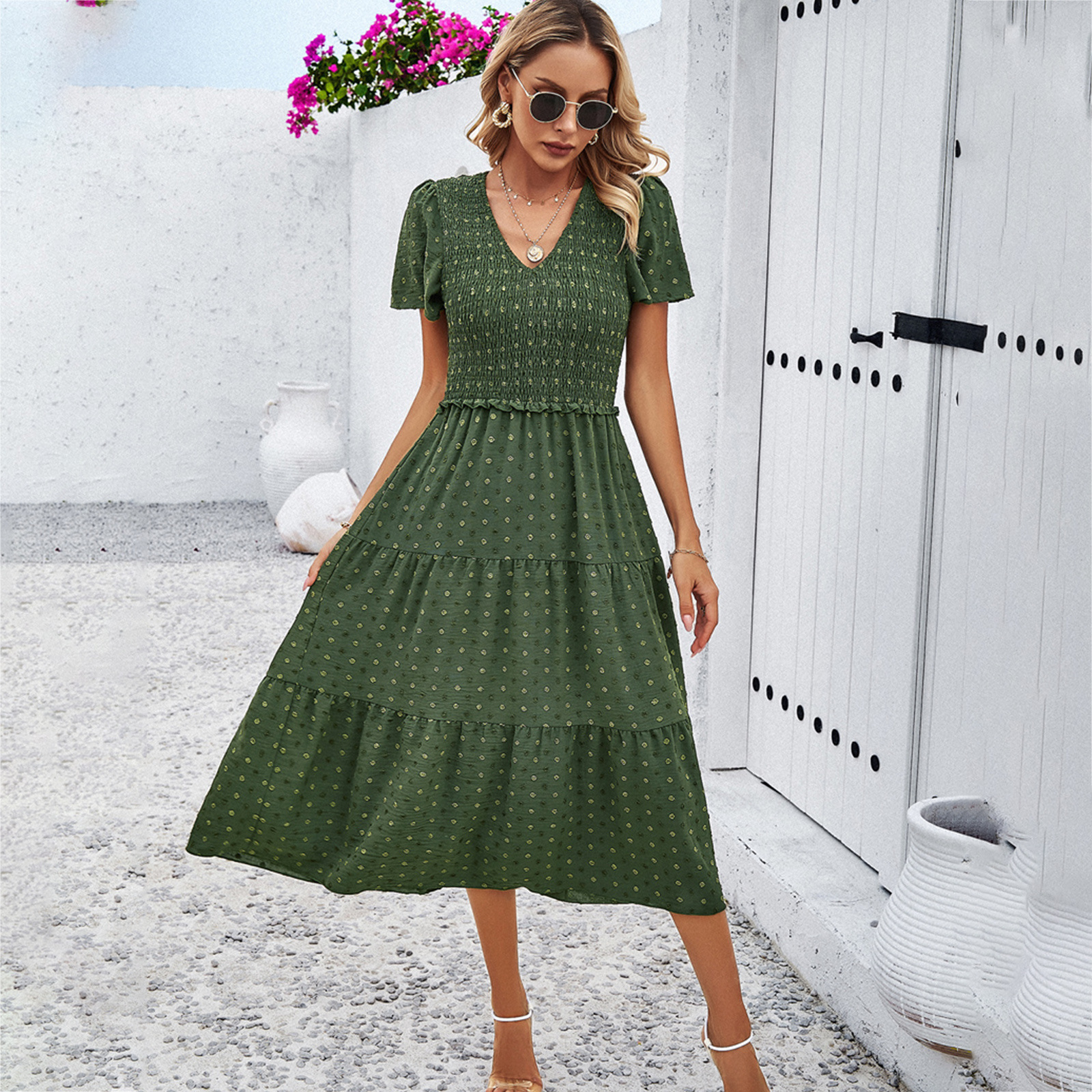 Women's clothing 2024 spring and summer elegant casual solid color V-neck short sleeve dress