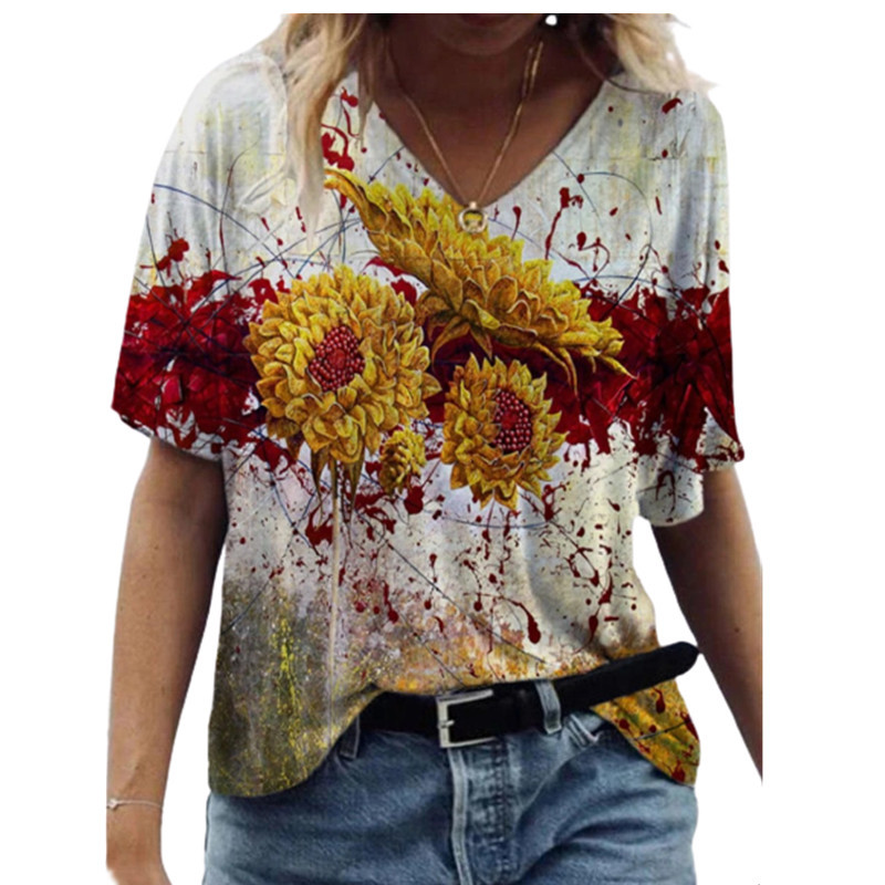  Summer eBay AliExpress wish floral print short-sleeved V-neck women's loose-fitting T-shirt