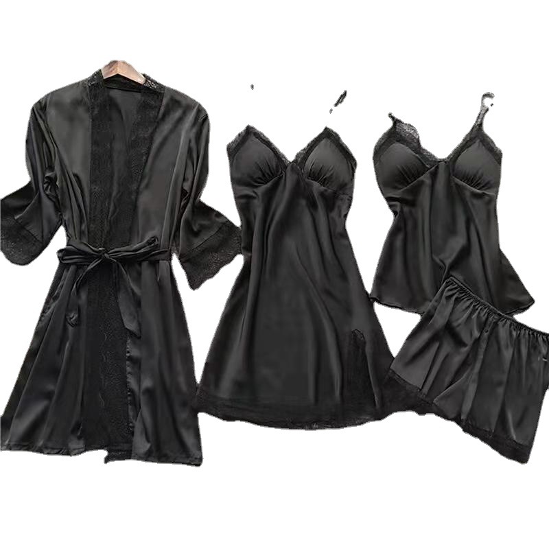 Pajamas 4-piece Set Women's Spring and Summer Sexy Ice Silk Korean Style Sling Nightgown Nightgown Set with Chest Pad Silk Home Clothes