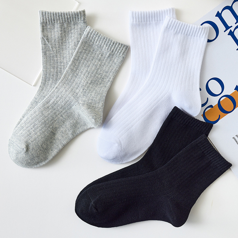 Children's black mid-calf length socks white student socks pure cotton medium and big children's socks spring and autumn summer boys' socks thin girls