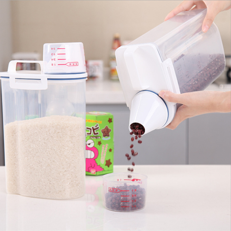 日本式の透明な雑穀の桶のプラスチックの台所は缶の米の桶の粗食の缶を密封して五穀の雑穀の収納箱を密封して卸売りします。|undefined