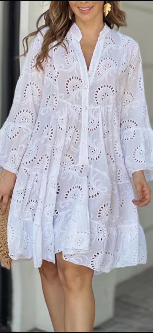 In stock 2023 European and American cross-border spring and summer Amazon solid color V-neck loose embroidery hollow lace dress
