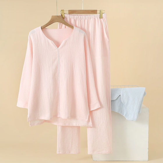 New spring and summer women's cotton yarn Japanese pajamas double-layer gauze breathable casual home wear suit ninth sleeve cotton