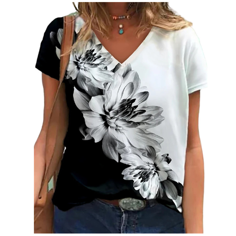  summer cross-border supply of 3D digital printed short-sleeved V-neck women's loose-fitting T-shirts